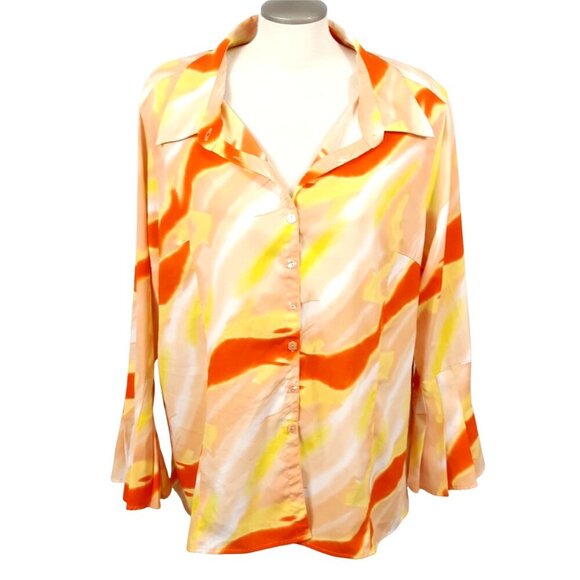 Milano Woman Blouse Womens Plus 1X Orange Yellow Bell Pleated Sleeve Art To Wear - Picture 1 of 7